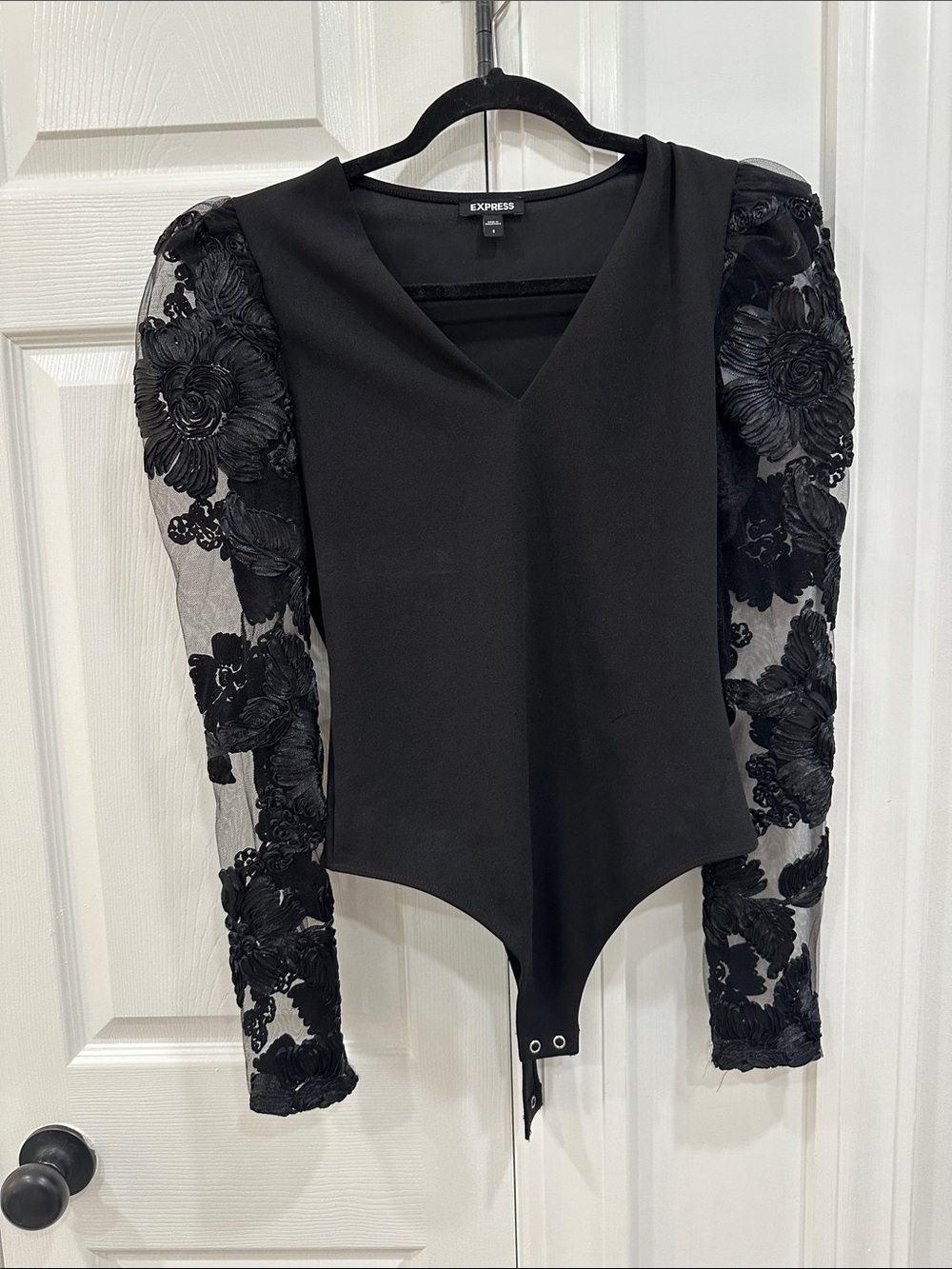 Express Black V-Neck Bodysuit with Embroidered Sheer Puff Sleeves